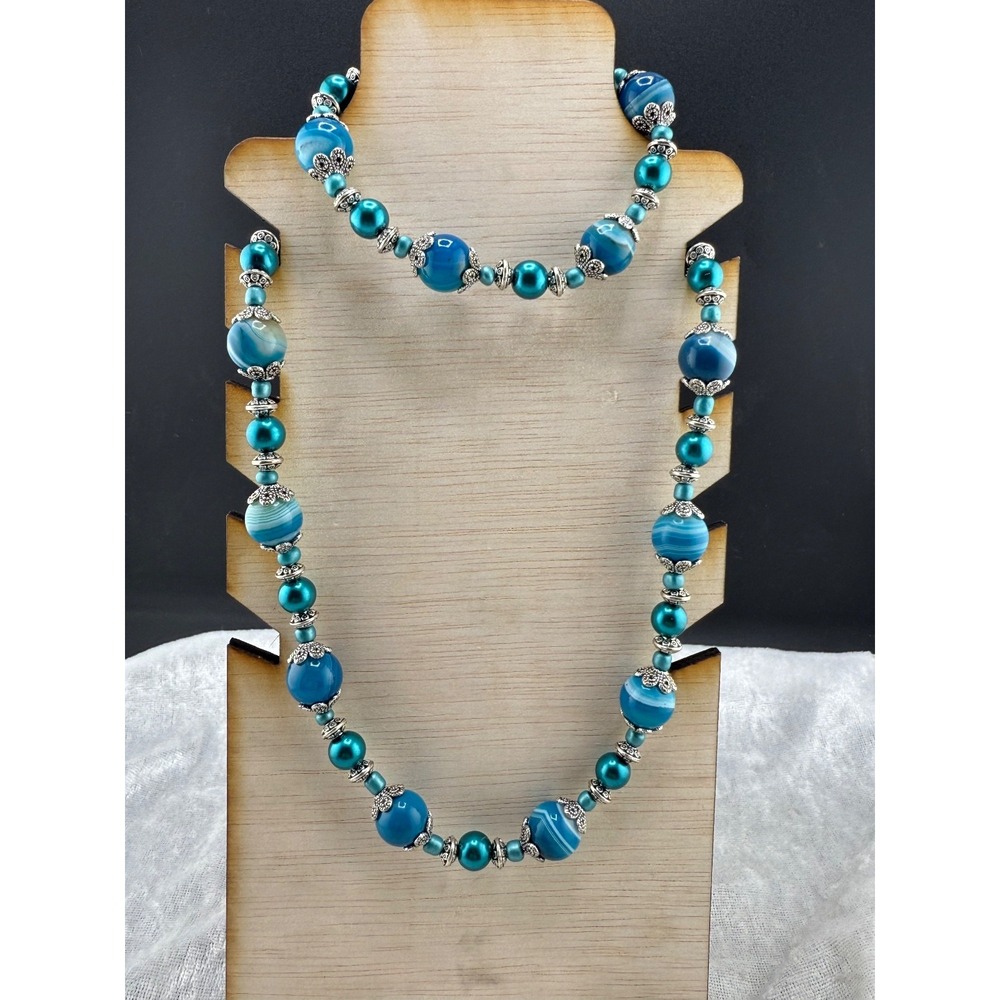 Polished‎ Blue Stone Silver Tone Necklace Bracelet Set Beaded 20" 7.5"